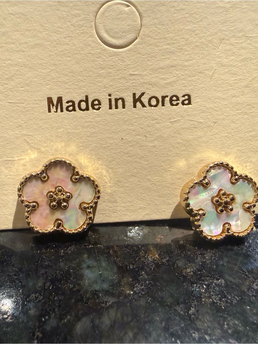 Gold-Trim Mother of Pearl Flower Stud Earrings -